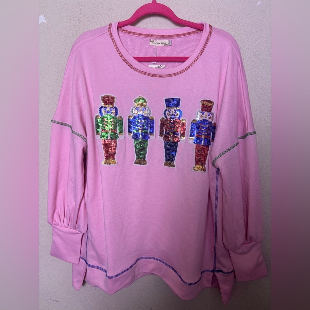 NWT Southern Stitch Pink Sequin Nutcracker Oversized Holiday Sweatshirt L